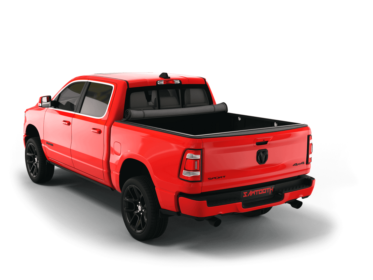 Red Ram 1500 with Sawtooth Stretch expandable soft roll up tonneau cover with ladder and open tailgate